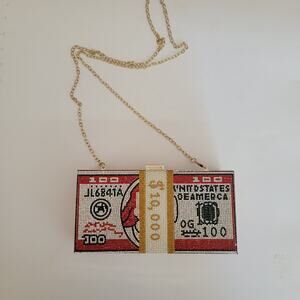 Vintage Clutch Rhinestone Money Stack Box Purse Gold Chain Statement Y2K Bling